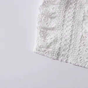 Detailed macro view of delicate white French lace embroidery and hollow-out lace fabric
