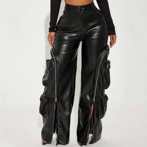 Detail of black faux leather cargo pants featuring multi-pockets and long zipper