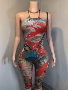 Floral print stretch halter backless slim fit jumpsuit on mannequin