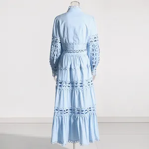Detailed back view of a light blue French vintage hollow-out lace tiered skirt set