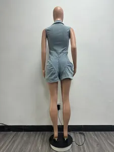 Back view of fashion high stretch denim puff sleeve romper jumpsuit for women in light blue wash