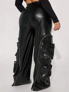 Detailed back view of trendy black faux leather cargo pants with oversized zipper pockets.