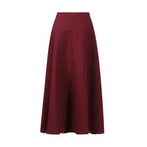 Back view of a burgundy French retro high-waisted A-line midi skirt with hidden zipper