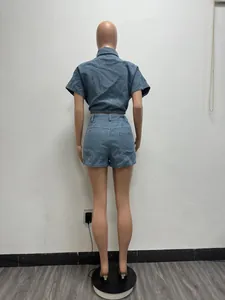 Back view of a casual summer two-piece denim-style set with textured shorts and top