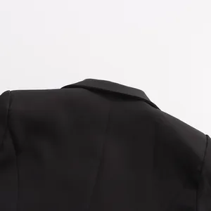 Close-up detail shot showcasing the collar and fabric texture of a black tailored blazer