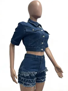 Stylish two-piece denim set with cropped jacket and frayed fringe shorts for women
