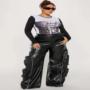 Detail view of faux leather cargo pants with functional zippers and multi-pocket design