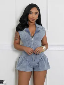 Women Sexy Denim Romper Sleeveless Front Zipper High Stretch Bubble Hem Solid Color Sky Blue Top And Bottom Romper Jumpsuit