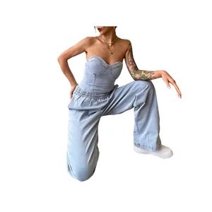 Chic two-piece denim set featuring strapless corset top and high-waist wide-leg pants