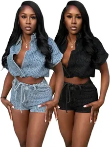 Women Summer Casual Denim Two Piece Set Polyester Jacquard Short Sleeve Crop Vest Top And High Waist Drawstring Shorts Outfits