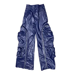 Detailed view of dark blue faux leather cargo pants with zippers and multi-pockets