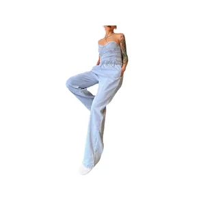 Stylish light blue denim two-piece set featuring a strapless corset top and wide-leg trousers