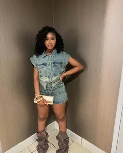 European fashion casual sleeveless denim two-piece set for women with color block design