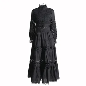 Elegant French vintage black two-piece set with hollow out lace and tiered long skirt