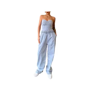 Stylish light blue denim two-piece set with strapless corset top and wide-leg jogger pants