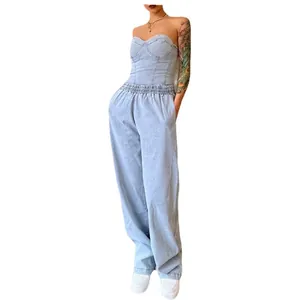 Casual light blue denim two-piece set with strapless corset top and wide-leg trousers