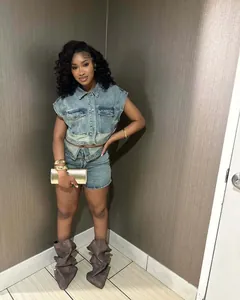 Western style two-piece denim set featuring a color-block vest and matching shorts