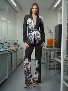 2026 Autumn floral print blazer and flared pants set for women with elegant black design