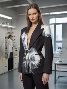 High-end fashion black blazer set with oversized white floral print and flared trousers