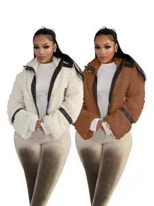 Dames Winter Alpacawol Jas Elegant Woon-werkverkeer Leren Patchwork Kort Faux Fur Mantel Met Voering Rits Top Outerwear