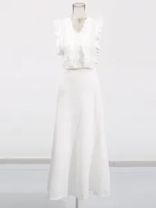 Elegant white French vintage lace hollow-out two-piece set with flutter sleeve top and skirt.