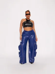 Stylish blue faux leather wide-leg cargo pants with zipper pockets and black crop top
