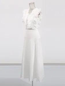 Elegant French retro white lace embroidery set with flutter sleeve top and long skirt