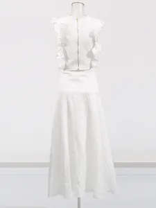 French vintage white lace embroidery two-piece set with ruffled top and maxi skirt