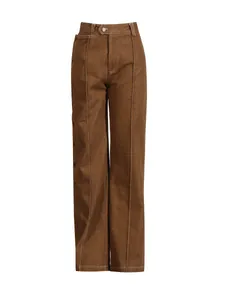 Pantaloni vintage marroni a gamba larga con bottoni laterali e vita alta da donna