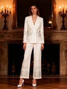 French Vintage Heavy Craft Sequin Blazer And Straight Leg Pants Two Piece Set For Women Elegant Formal Office Party Top And Bottom