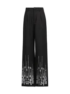 Elegant French style black high-waisted wide-leg trousers with silver geometric embroidery