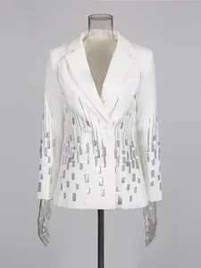 Elegant white blazer with silver sequin patterns in a modern French silhouette style