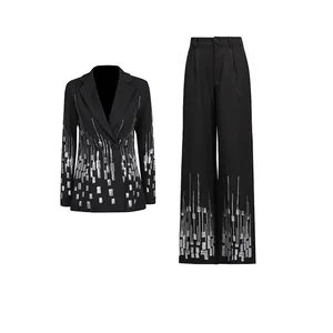 French style women's black two-piece suit with silver sequin blazer and trousers