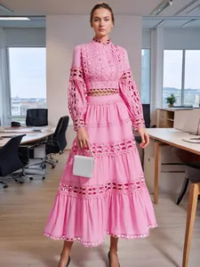 French Vintage Elegant Hollow Out Lace Trim Long Sleeve Top And Tiered Maxi Skirt Outfit For Women Banquet Party