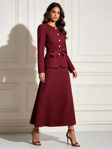 French Vintage Palace Style Women Skirt Set Polyester Cotton Round Neck Top And High Waist A-Line Long Skirt Wine Red Banquet Outfit