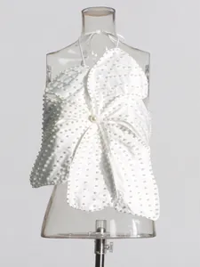 Elegant white petal-shaped halter neck top with heavy pearl beading for women's fashion