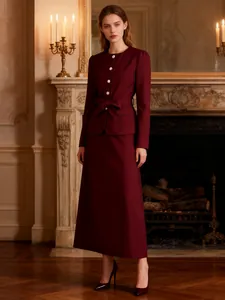 Elegant French vintage palace style burgundy suit set featuring belted top and high waist skirt