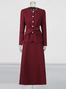 French vintage court style burgundy two-piece set with belted top and maxi skirt