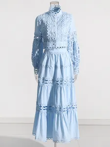 Elegant French vintage light blue two-piece dress set with hollow-out lace detailing