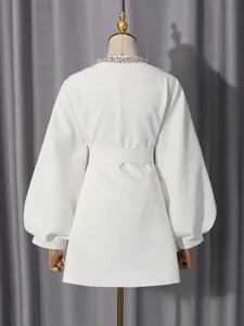 Elegant white round neck jacket with rhinestone collar and belted waist, back view 2026