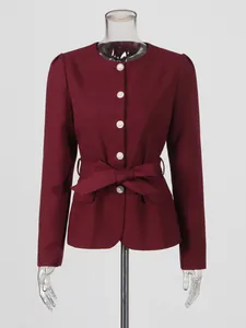 French vintage burgundy round neck jacket with pearl buttons and bow tie belt