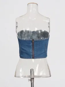 Sexy top a fascia in denim lavato vintage con patchwork a cuore e zip posteriore
