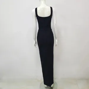 Full back view of elegant black backless sleeveless bodycon bandage maxi dress for women