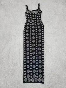 Elegant black long bandage dress with sparkling rhinestone floral patterns for women