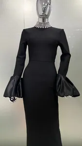 Elegant black bandage dress with crystal choker neck and satin flared bell sleeves