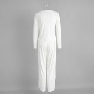 Detailed back view of white ribbed knitted long sleeve pajama set for cozy home wear