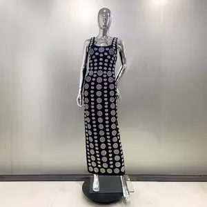 Elegant black sleeveless bandage maxi dress with sparkling rhinestone floral patterns