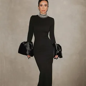 Elegant Trumpet Sleeve Rhinestone Neckline Evening Dress Fashion Slim Fit Bodycon Banquet Long Dress Polyester Rhinestone Party Robe