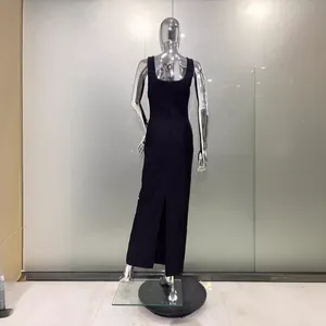 Elegant black sleeveless long bandage bodycon maxi dress featuring a chic back slit detail