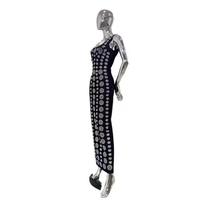 Elegant black backless bandage maxi dress with sparkling rhinestone embellishments